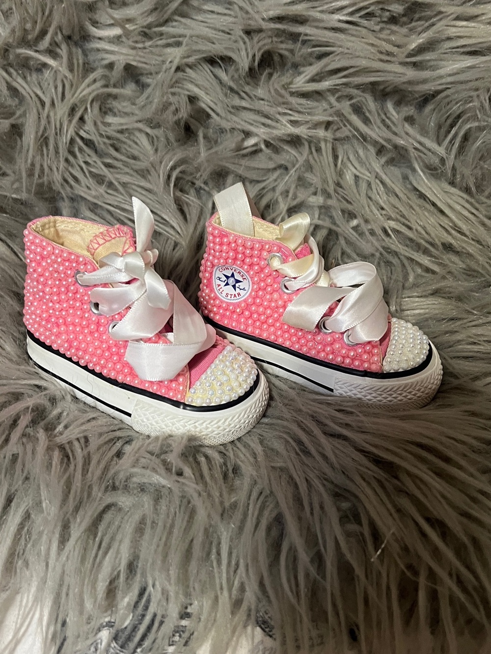 Converse Kids Pink Pearl-Studded High-Top Sneakers with Satin Laces